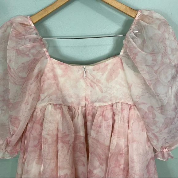 Selkie Puff Sleeve Organza Mini Babydoll Dress Pink Floral 2X - Picture 10 of 11